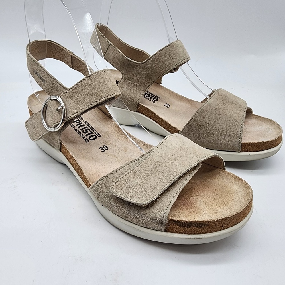 Mephisto Oriana Sandals Women's 39 US 9 Beige Suede Slingback Cork Wedge